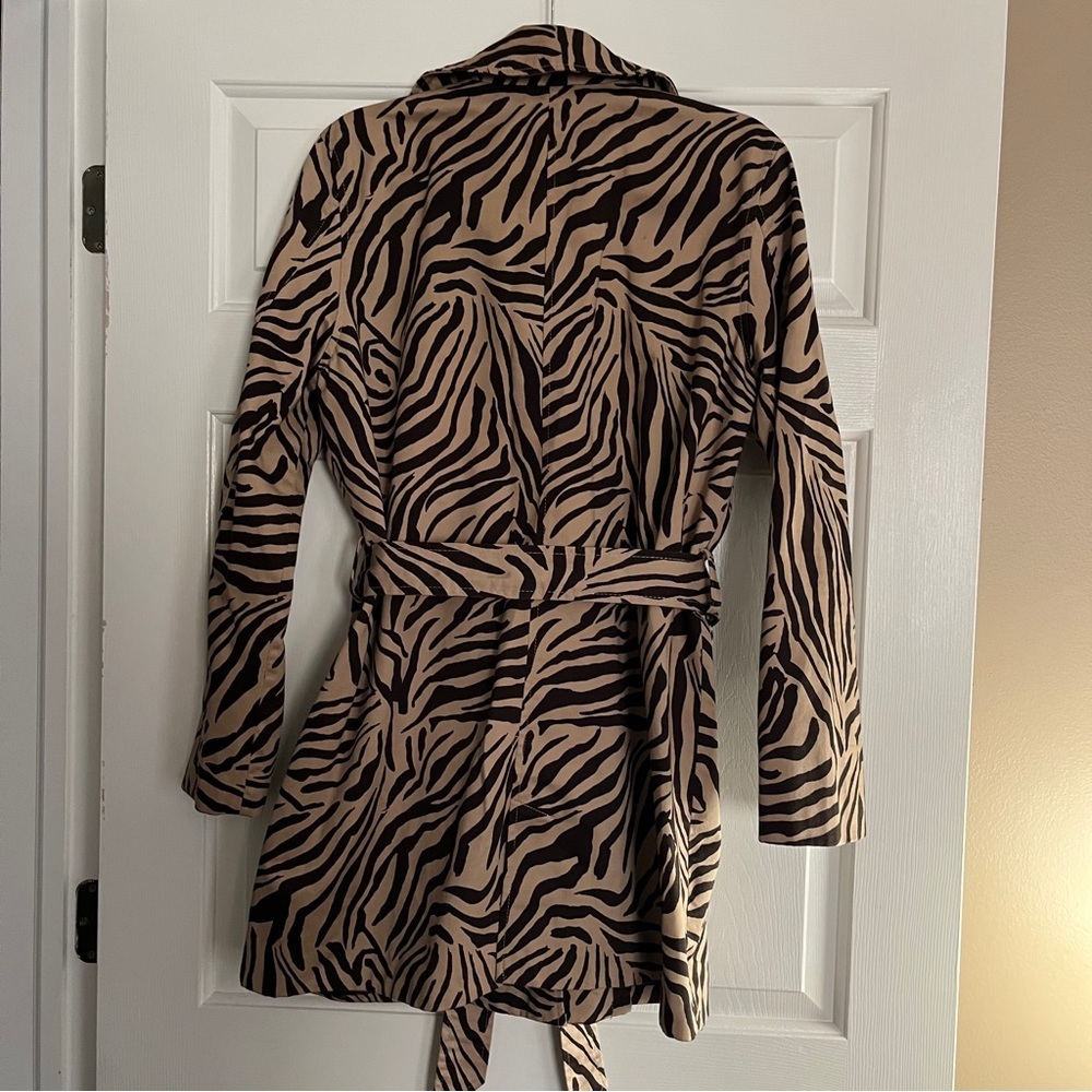 Vintage Chaps Black Tan Animal Zebra Print Trench Coat - Picture 11 of 14